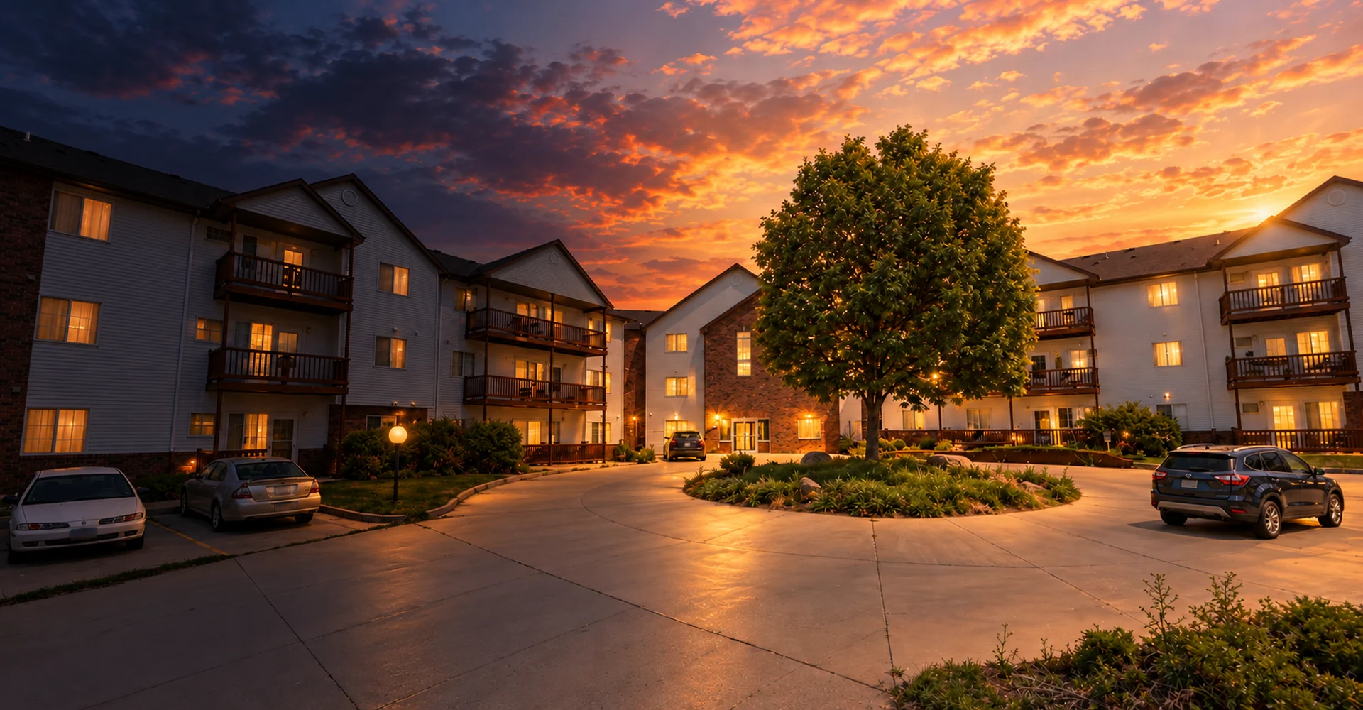 Haus Apartments in Bismarck, North Dakota, with illustrative evening lighting